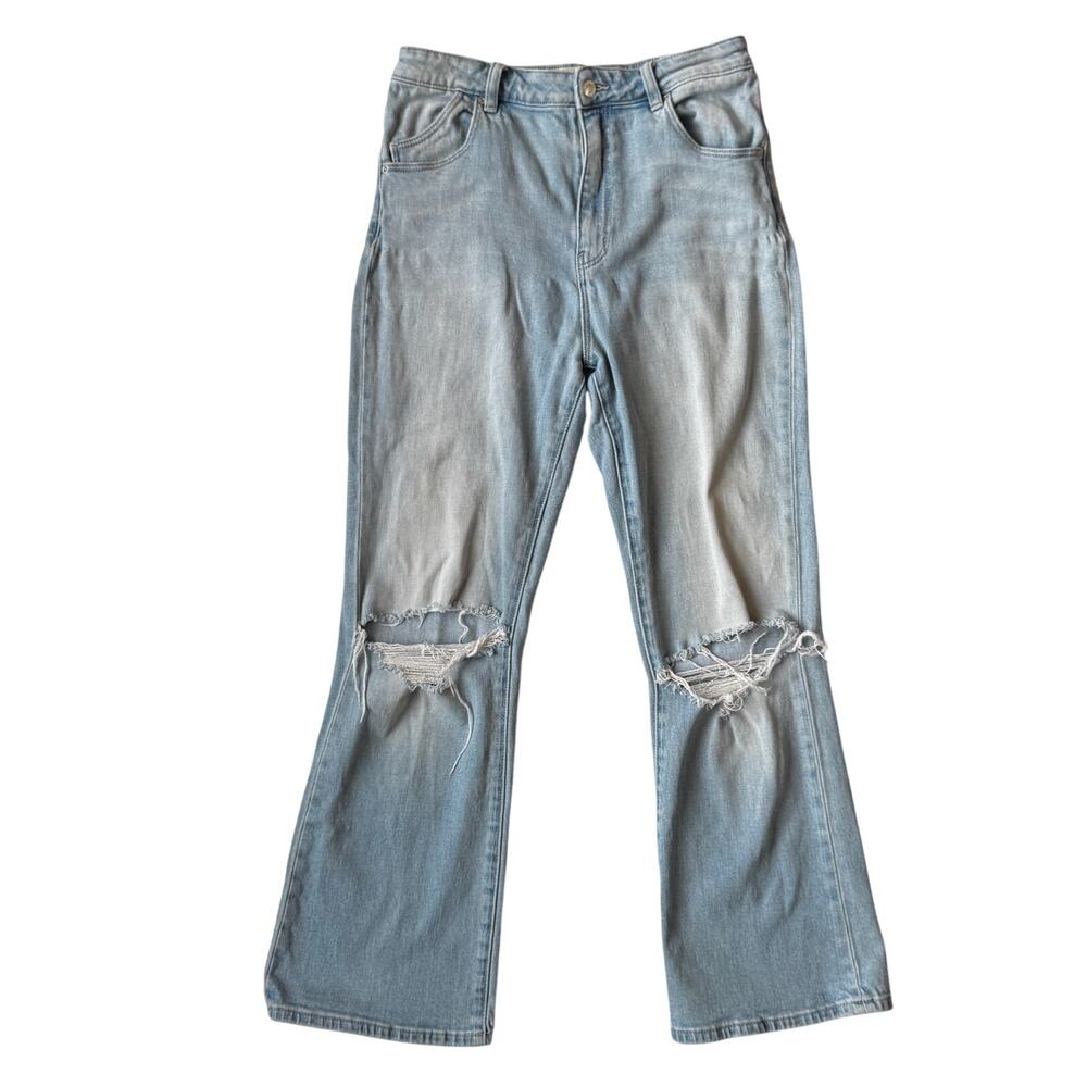 Rollas Dusters Bootcut Crop Jeans Distressed Sz 29 Y2K Denim Festival 70s Flare